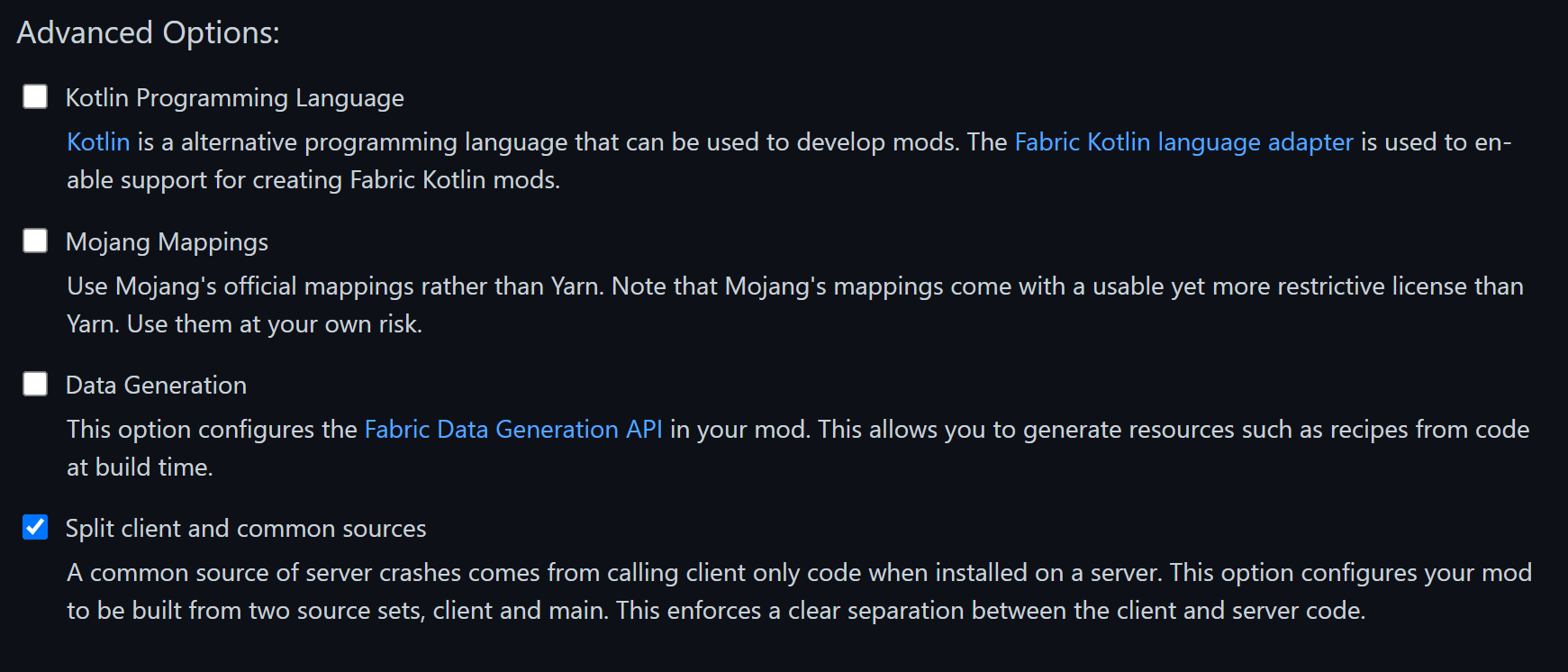 Advanced Options セクション
